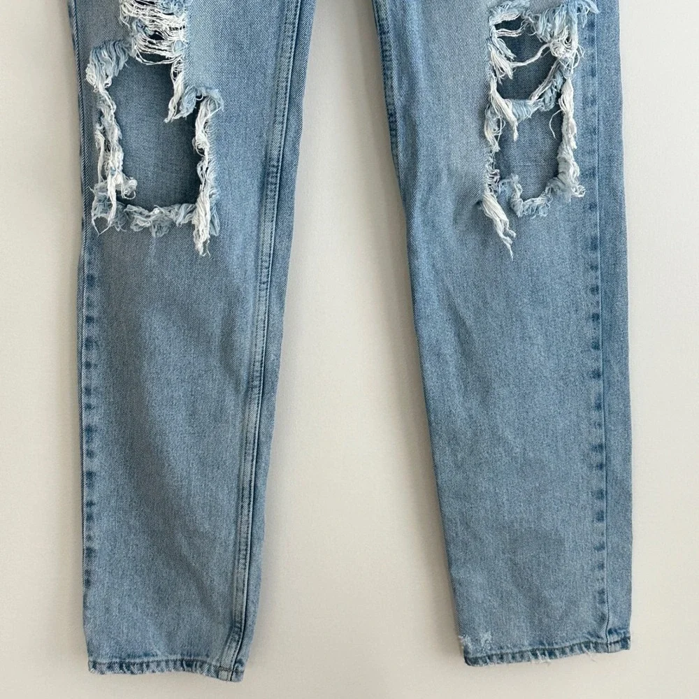 Free People High Rise Straight‎ Jeans 25 Light Wash Distressed Ripped Button Fly